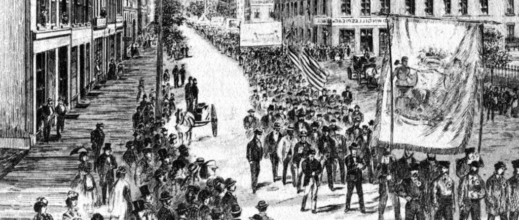 Black-and-White-Image-individuals-in-the-streets-at-a-parade-in-Hamilton-Ontario-Canada