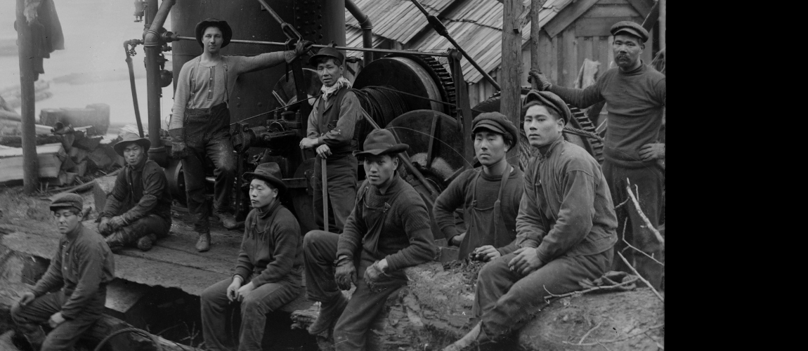 Chinese-Canadian-Shingle-Workers-Sitting-and-Standing-in-Front-of-Machinery-BC